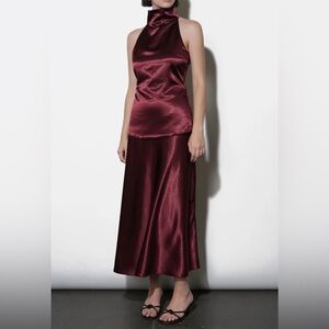Greylin Burgundy Satin Midi Skirt